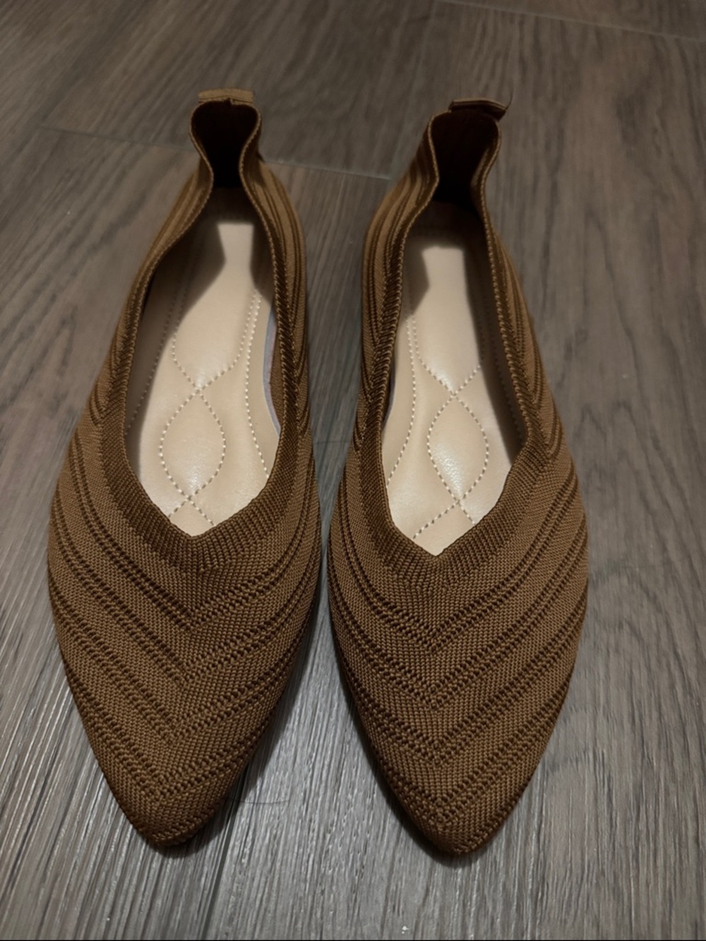 Brown Pointed Knit Slip-On Flats